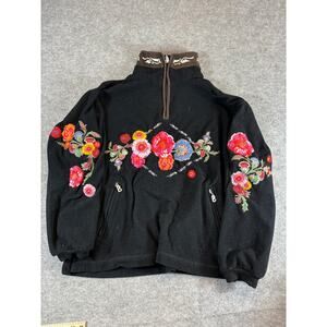 VTG Bogner Floral Embroidered Sweater Womens Small Black 1/4 Zip Boho Folk Art